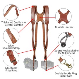 JUSTHERE Camera Harness, Dual Camera Harness for Photographers, Leather Camera Strap for Two-Cameras Double Camera Harness for DSLR/SLR Strap for Travel photography, Camping, Vacation (Brown)