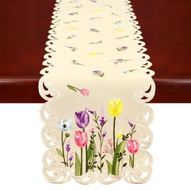 Simhomsen Embroidered Pink, Blue and Purple Tulips and Lavenders Floral Table Runners for Spring and Easters (13 × 34 inches)