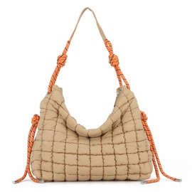 Freiesoldaten Puffer Tote Bag for Women Lightweight Quilted Crossbody Shoulder Bag Soft Padded Large Purse, khaki