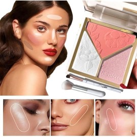 Iluminadores Paleta de rubor Contour Highlight 3 en 1 con pincel, paleta de maquillaje sedoso para contorno de bronce facial Natural Shiny Contour... 