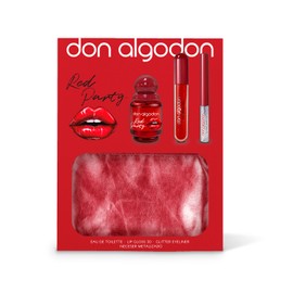 Red Party Don Cotton Mini-Set für Damen, enthält den Duft Red Party 30 ml, einen roten 3D-Lipgloss, einen Eyeliner Glitter und eine metallisierte Kosmetiktasche.