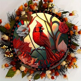 North American Cardinal Welcome Wreath Sign Red Bird Rustic Metal Tin Sign Cute Cardinal Decorative Stained Glass Wall Hanging Suitable For Home Cafe Bar Living RoomHoliday Gift (8''x8''/20cm*20cm)