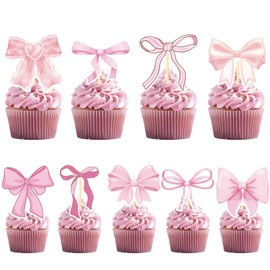 Lilbitty 36 Piece Pink Bow Cupcake Topper Set, Party Decorations for Coquette Themed Birthday, Romantic Wedding and Various Occasions, Pre-Assembled