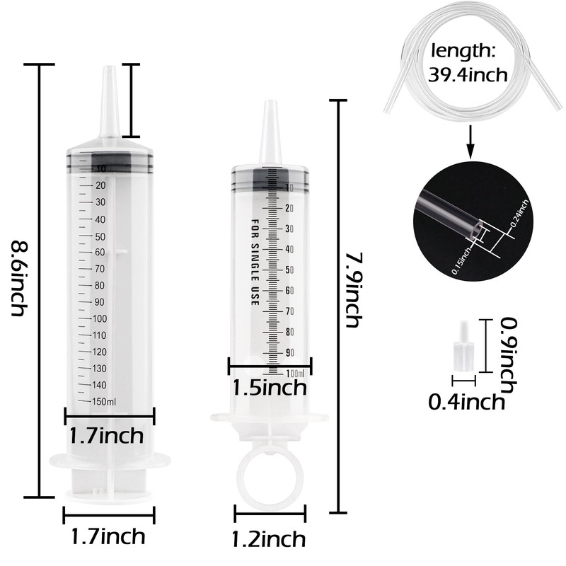 100ml/150ml Syringe with 2Pcs 100cm Tube, Large Plastic Measuring Syringe