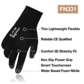 DEX FIT Sandy Nitrile Work Gloves FN331S, 3D-Comfort Fit, Heavy Duty Grip, Thin & Lightweight, Touch-Screen Fingers, Protective & Durable, Breathable & Cool, Machine Washable; Black (L) 3 Pairs