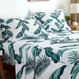 King Size Bed Sheets Set 4PC- Soft Cooling 1800 Thread Count Microfiber Boho Printed Sheet, 8 - 17" Deep Pocket Breathes Better, Wrinkle Free, Machine Washable Tropical Palm Tree Fronds Bed Sheets