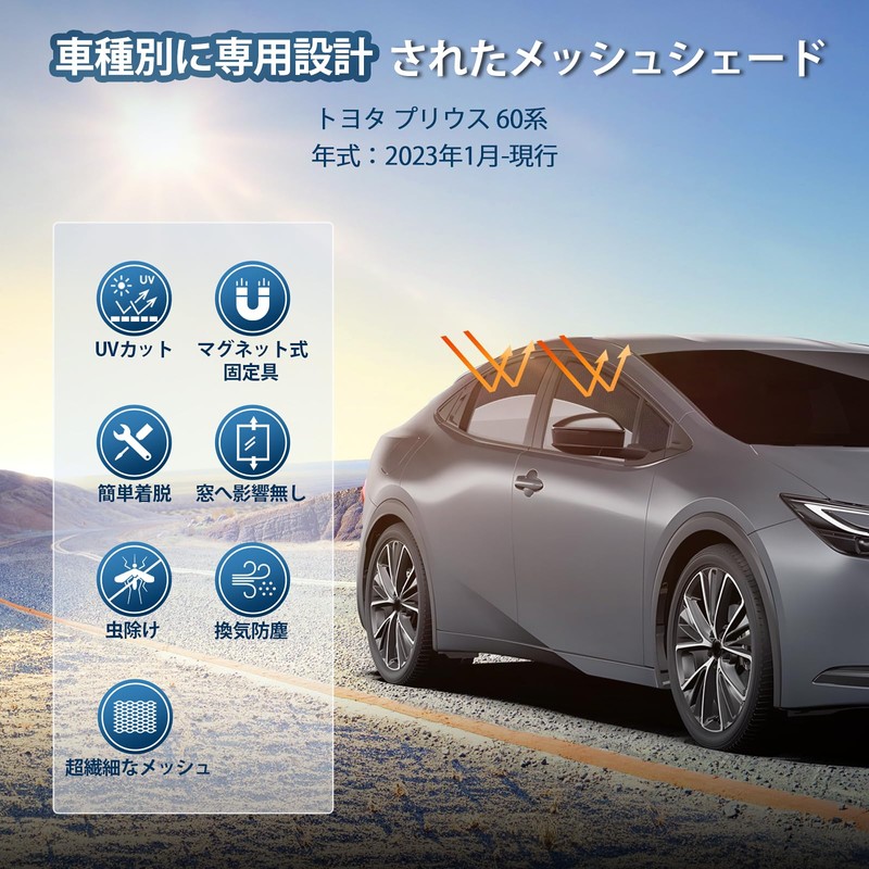 新型 プリウス60系 メッシュカーテン マグネット式 遮光 換気 サイドバイザー 車用 PRIUS 60