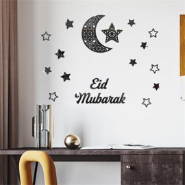 MACGIKMIRO 18 Pcs Moon and Stars Acrylic Wall Stickers Removable Adhesive Wall Mirror Decor for DIY Living Room Home Background (Black)