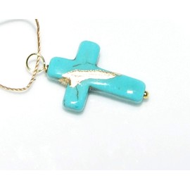 Kintsugi 1" Cross Turquoise Howlite, Broken, Mended with 23k Gold, Cord Necklace