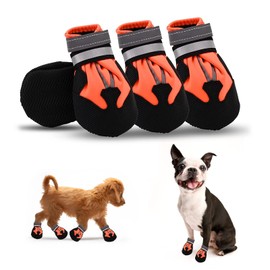 Dog Boots, Set of 4 Waterproof Dog Shoes with Reflective Straps Anti-Slip Sole Outdoor Paw Protectors Dog Shoes for Small Medium Dogs Autumn Winter (Orange,S)