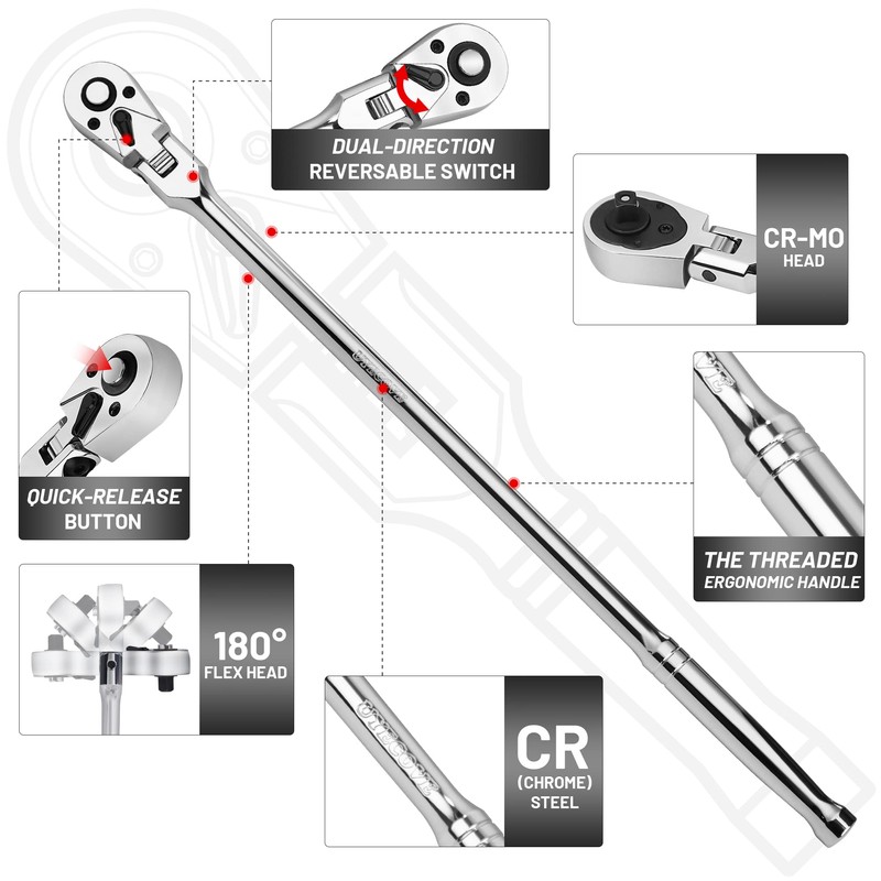 UYECOVE 1/2 Inch Drive Ratchet, Flex Head Ratchet 1/2 Ratchet