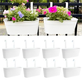 Joyfernal Hanging Planters for Outdoor Plants, 17" Railing Planter Pots, Metal Fence Flower Pot for Porch Balcony with Detachable Hook (White, Pack of 8)