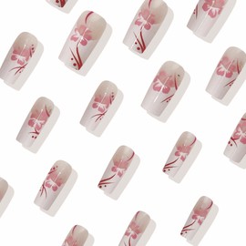 BABALAL White Press on Nails Long,3D Flower Fake Nails Square French Tip False Nail Tips Pink Flower Design Glossy Artificial Nails Supplies Diy Manicure Nails Squoval Artificial Nails for Women