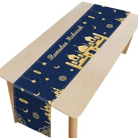 Eid Mubarak Table Runner Decoration, Ramadan Blue and Gold Table Runner Decor, Ramadan Mosque Lantern Islamic Happy Holiday for Dining Party Table Decorations Home, 13x72 Inches (Blue)