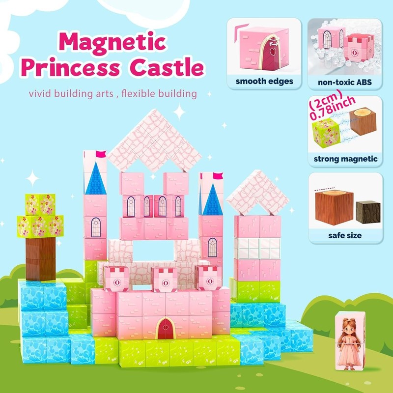 Magnetic Blocks-100PCS Magnetic Blocks Princess Toys,Build Mine Magnet World,STEM Sensory