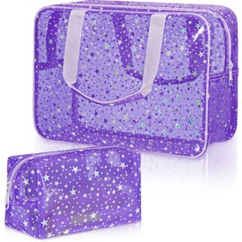 Aliceset 2 Pcs Clear Star Makeup Bag Large Cosmetic Bag with Handle and Medium Makeup Pouch Durable Waterproof Travel Toiletry Storage Pouch Zipper Design for Storage Travel(Purple)