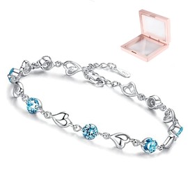 Pulsera de plata para mujer, pulsera de corazón de plata, Ajustable Brazalete cristal amistad Joyería de regalos cumpleaños del Día de la Madre para mujeres (Corazón Azul)