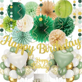 Sage-Green Gold Birthday Decoration,Happy Banner,Olive Retro Paper Lanterns Neutral Tissue Pom Poms Fan,Boho Green Balloons For Anniversary Princess Backdrop Party Supplies for Women Girls Mens