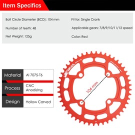 BESNIN 104 BCD Chainring Round 30/32/34/36/38/40/42/44/46/48/50/52 Teeth Bicycle Chainring Narrow Wide for 7/8/9/10/11/12-Speed MTB, BMX, Mountain Bike, Road Bike