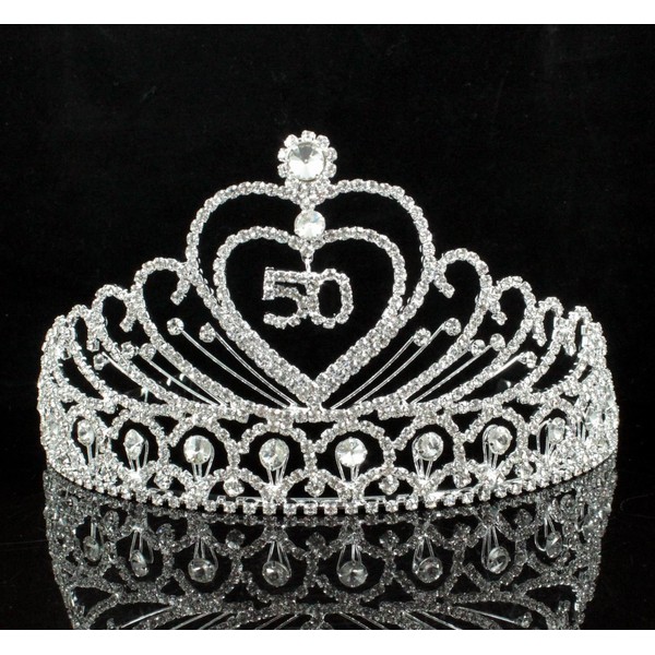 50-Year-Old Fifty Years Old Number 50 Birthday Party Austrian Rhinestone Crystal Tiara Crown With Hair Combs Cake Topper Queen Jewelry T803 Silver