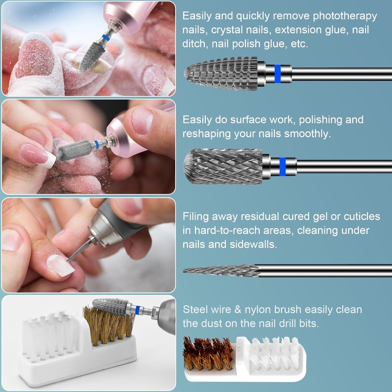 CGBE Nail Drill Attachments, 3/32 Inch Tungsten Carbide Bits for