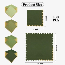 160-Pack Green Scalloped Cocktail Napkins with Gold Foil, 5 x 5 Inches