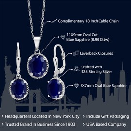 Gem Stone King 925 Sterling Silver Blue Sapphire Pendant and Earrings Jewelry Set For Women (8.90 Cttw, Gemstone Birthstone, Oval 11X9MM and 9X7MM, with 18 Inch Silver Chain)
