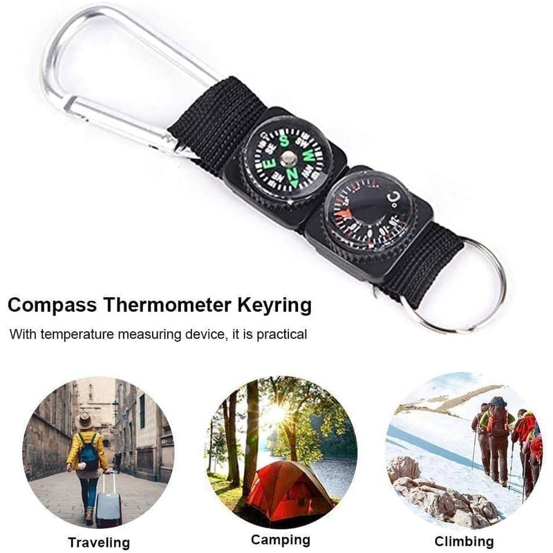 Outdoor Multifunctional Carabiner with Compass and Thermometer, Keychain for Camping,