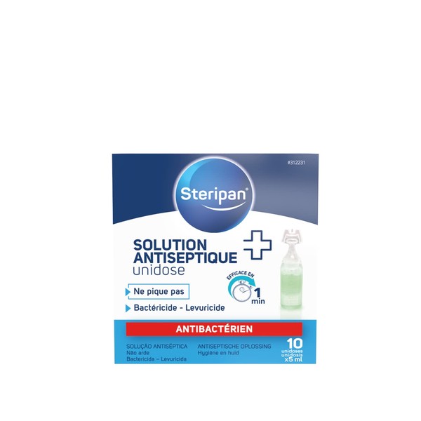 Steripan - Unidose Antiseptic Solution – Does Not Pite – Removes 99.9% of Bacteriidal and Yeastyide – 10 Unidoses x 5 ml