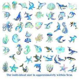 50Pcs Ocean Sea Animal Stickers,Shimmeroo Fish Stickers Marine Life Ocean Sticker - Shark Whale Dolphin Turtle Shell Coral,Waterproof Aesthetics Sticker for Scrapbooking,Journaling,Planners