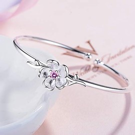 LUTAKU 925 Sterling Silver Cherry Blossom Bracelet for Women Girls Sakura Flower Bangle Bracelet Adjustable Jewelry Gift (Silver)