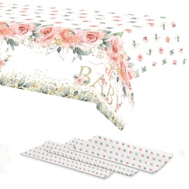 Mocsicka - Manteles de 3 piezas para bebé, diseño de eucalipto, salvia, hoja verde, flores rosas, plástico, desechables, para baby shower, rectangular, decoración de fiesta, 108 x 54 pulgadas