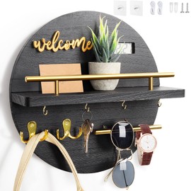 DAAIXC Key Holder for Wall Decorative, Key Hooks Wall Mounted with Shelf and Wooden Key Holder Round Key Hooks for Entryway Mudroom Hallway Kitchen Office (Black)