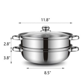 Steamer Pot for Cooking [Large Capacity] 11.8 inch Steamer Pot, 2-tier Multipurpose 18/8 Stainless Steel Steam Pot Cookware with Lid for Vegetable, Dumpling, Stock, Sauce, Food