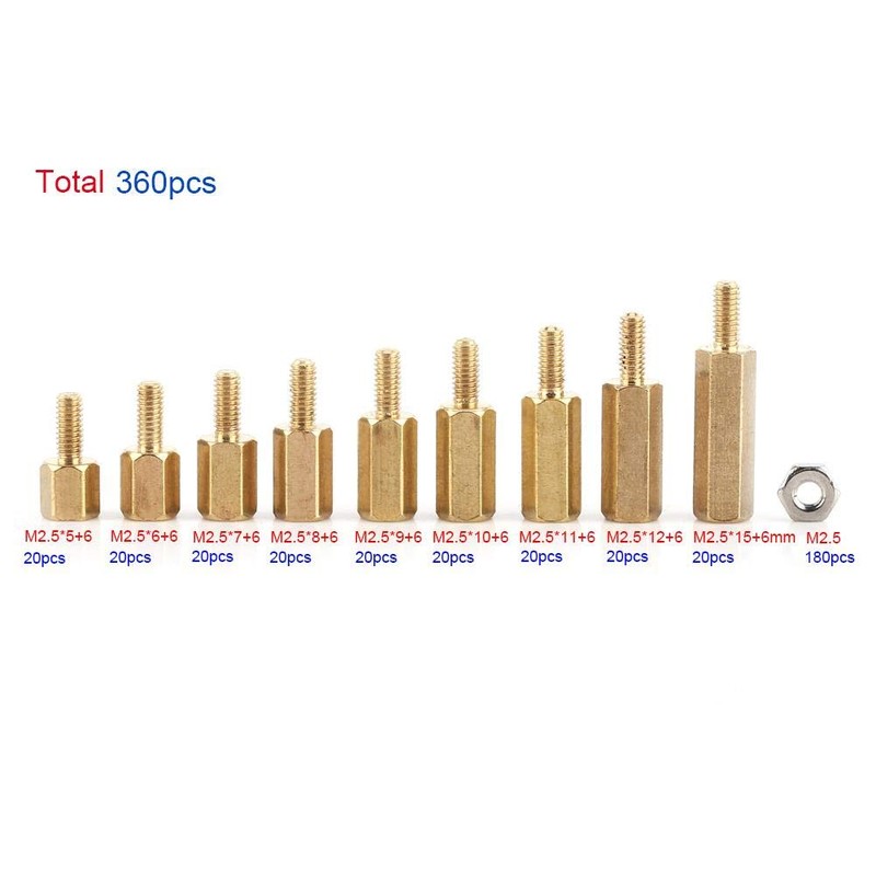 360pcs M2.5 Brass Male-Female Standoff + Stainless Steel Hex Nuts