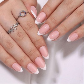 Almond Press on Nails - Short False Nails French Tip - 24PCS Fake nails with Glue - Nude Stick on Nails Extra Short - Full Cover Acrylic nail Tips for Women Manicure Long Lasting