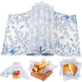 CCINEE 150Pcs Blue Floral Wax Paper Sheets for Food, Grease Proof Chinoiserie Bird Deli Sandwich Wrapping Food Basket Liners Bakery Kitchen, 9.8 x 8.7 Inch