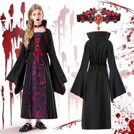 Vampire Costume Children, Vampire Costume Girls, Vampire Costume Gothic, Vampire Costume Children Girls with Vampire Necklace, Carnival Theme Party Dracula Cosplay Party, Suitable for Children Aged