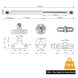 Bemacom 2 x Gas Spring Flap Fitting 150N White 150 kg Load Capacity Shock Absorber Gas Spring Damper Gas Pressure Damper Suitable for Furniture Flaps Doors Wheelie Bin Box