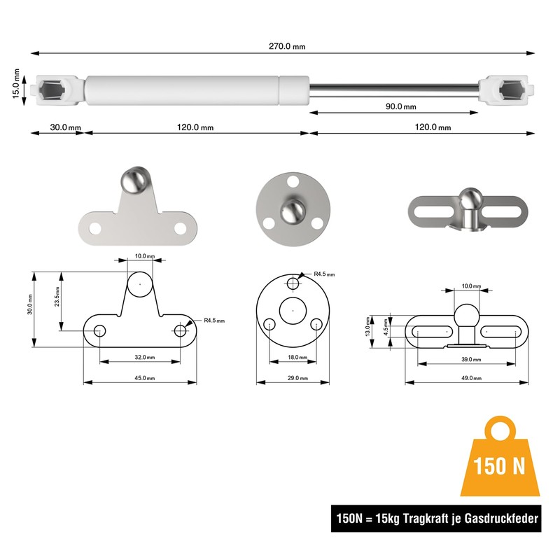 Bemacom 2 x Gas Spring Flap Fitting 150N White 150