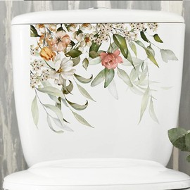 Toilet Lid Cistern Stickers-Green Leaves Toilet Stickers-Flowers Bathroom Toilet Stickers, Self-Adhesive Toilet Lid Stickers-DIY Removable Waterproof Toilet Sticker 11.4x8.6in