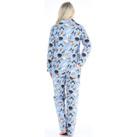 PajamaMania Women's Cotton Flannel Long Sleeve Button-Down Pajamas PJ Set, Blue Dogs, Medium