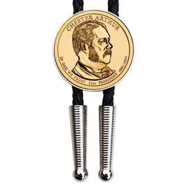 2012 Presidential Dollar BU Uncirculated Coin Simple Slide 36" black Leatherette Cord Silver Bolo Tie NEW - Chester A. Arthur (1881−1885 Years Served)