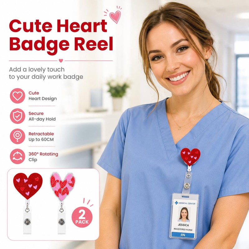 2 Pack Heart Badge Reel Retractable ID Holder, Cute Glitter