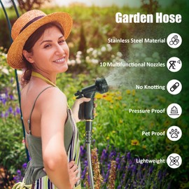 Metal Garden Hose 50 FT, Stainless Steel Heavy Duty Wate Hose With 10 Function Nozzles, Flexible No-Kink, Pet-Proof, Puncture-Proof Rust-Proof for Yard, Outdoors