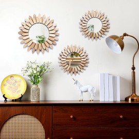 Fourluoo 3 Pack Gold Sunburst Mirrors for Wall Decor Circle Flowers Mirrors Decorative Gold Hanging Wall Art Flowers Mirror for Home Living Dinning Room Bedroom Bathroom Boho Decoration Art (Flower)