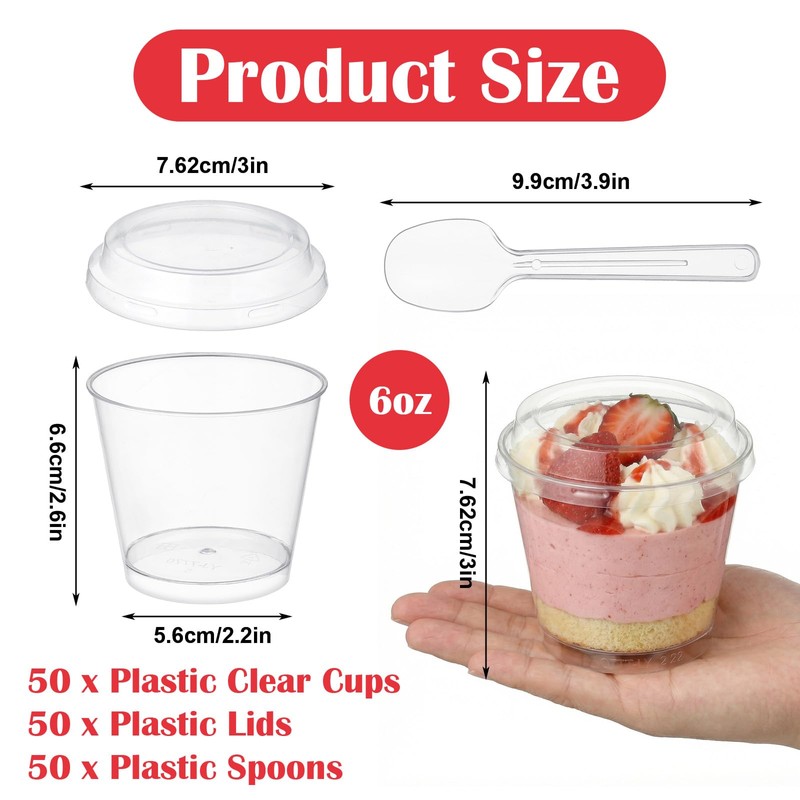 50 Pack 6 oz Plastic Dessert Cups with Lids and