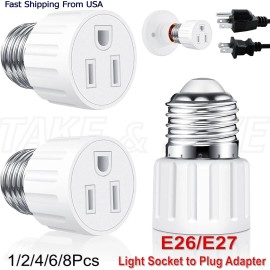 ABORNI E26/E27 Light Socket to Plug Adapter 2/3 Prong Light Bulb Outlet Adapter 1-8Pcs - 6 Pack