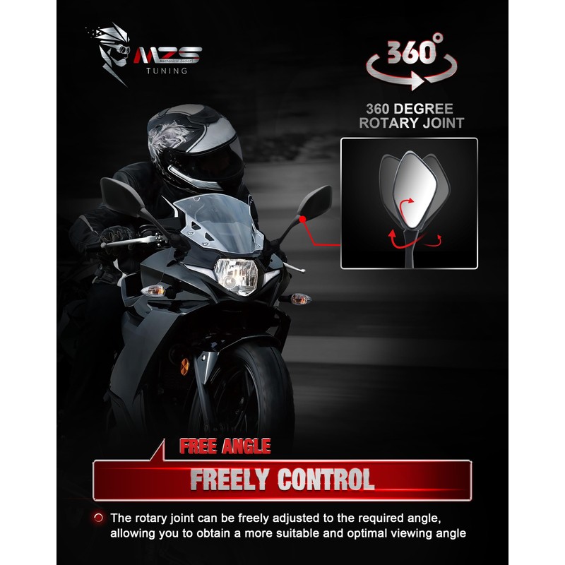 MZS Racing Motorcycle Mirrors, Fairing Rearview Side Mirror Adjustable Black