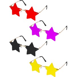 Frienda 4 Pairs Star Shape Sunglasses Star Shape Personality Sun Glasses Star Rimless Glasses for Women Men Party(Black, Yellow, Red, Purple)
